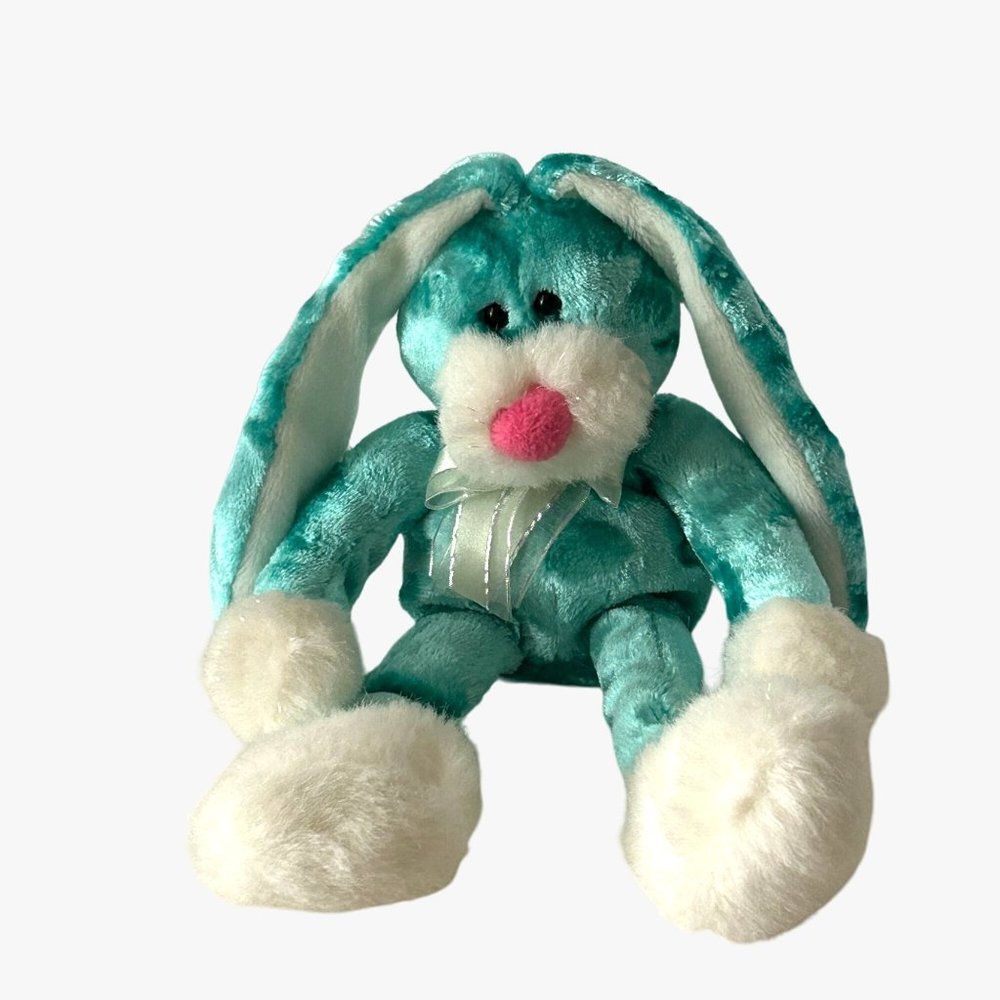 Dan Dee Teal Plush Bunny Rabbit Pink Nose & Bow Flopy Ear 11" Stuffed Animal Toy